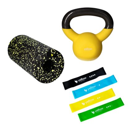 Fitnesz szett – 4 kg-os kettlebell, 4 darabos gumiszalag készlet, 30 cm-es EPP masszázshenger